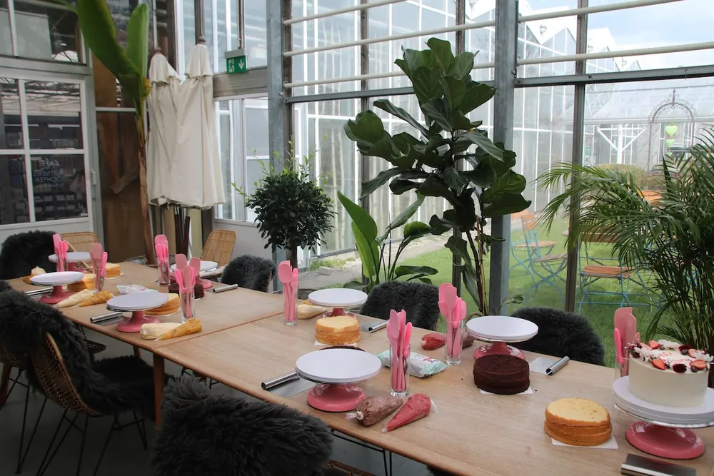 Gedeckter Workshop-Tisch im Gewächshaus